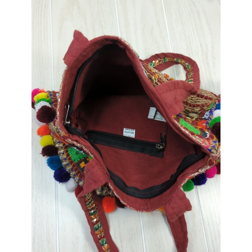 Handcrafted Made India fabric mirrored stitched hobo hippie bag purse pom poms